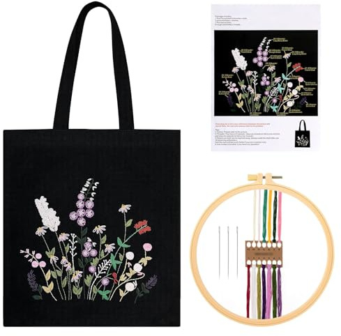 HAPPOW Gör-det-själv canvasväska, broderiset, kanvas tygpåse, blommigt mönster, broderiset för vuxna nybörjare, inklusive broderingsverktyg, broderikit, hantverk startkit för individuell design