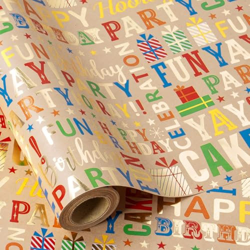 RUSPEPA Kraft-Geschenkpapierrolle – Mini-Rolle – Goldfolie, buntes Muster mit „Happy Birthday“-Text, ideal für Geburtstage, Partys und mehr – 43,2 cm x 5 m