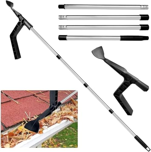 Strumenti di pulizia per grondaie, pulitore per grondaie con manico telescopico, strumento di pulizia rimovibile, asta telescopica per la pulizia della grondaia, per foglie di giardino, fosse e ville