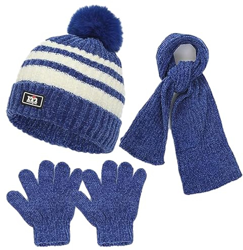 QKURT Children Beanie Hat Scarf Glove Set, Kids Winter Warm Knitted Set Stripe Thermal Cap with Pom Hairball Neck Warmer Gloves Soft Hat Scarf Mitten for 5-12 Years Old