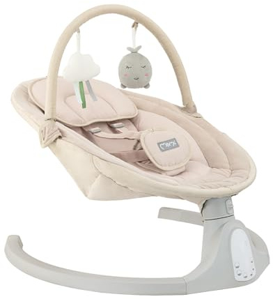 Balancelle MoMi KENANI SAND jusqu'à 9 kg, écran LED, télécommande, Bluetooth pour smartphone, alimentation piles/secteur, harnais de sécurité 5 points, arche et jouets