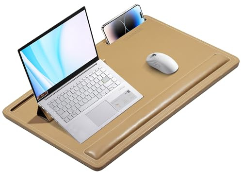 CENNBIE Tavolo laptop extra large in pelle con memory foam, 60x40 cm, regolabile per computer fino a 48 cm, poggiapolsi integrato (Marrone)