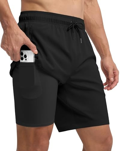 WILLIT Badbyxor herr med dragkedja badshorts män snabbtorkande vattenavvisande boardshorts fritid shorts sportbyxor korta med dragsko nätfoder, svart, 3XL