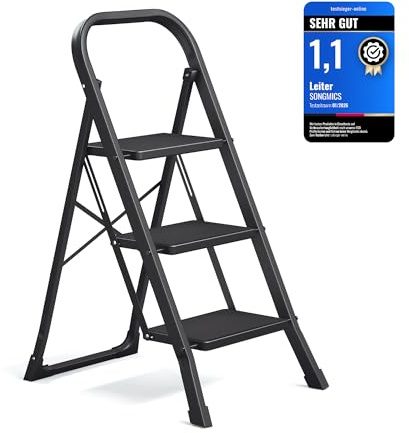 SONGMICS Escalera de Tijera, Escalera con 3 Peldaños, Peldaño Plegable, Bloqueo de Seguridad, Fácil de Guardar, Carga hasta 150 kg, Negro GSL003BZ01