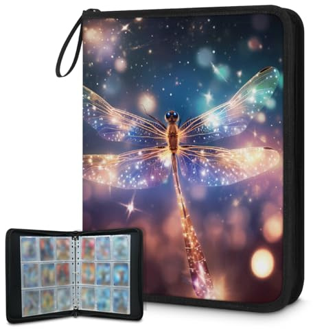 Carpeta de tarjetas coleccionables con 9 bolsillos con purpurina y libélula voladora, álbum de tarjetas con fundas extraíbles, libro de tarjetas impermeable con cremallera, capacidad para 50 páginas y