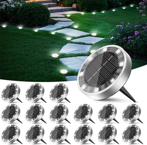 Peasur Lampe Solaire Au Sol Jardin Lot de 16, Lumiere Solaire Exterieur 8 LED, Étanche Spot Solaire Extérieur, Eclairage Solar pour Terrasse Allée Chemins Pelouse Cour Outdoor Garden, Blanc Froid