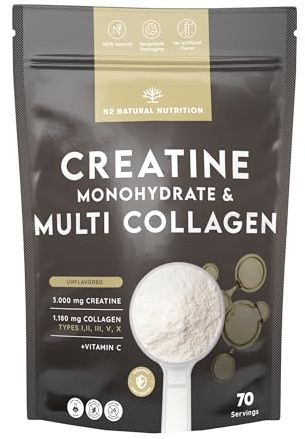N2 Natural Nutrition. Creatina Monohidratada + Multi Colágeno Hidrolizado con Vitamina C en polvo (70 Dosis) 3000mg Creatina + Colágeno I,II,III,V y X–Sin Sabor–Soporte Muscular, Articulaciones, Piel