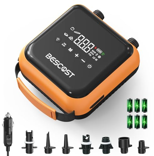 BESCOST Electric Paddle Board Pump 20PSI with LED Light, Rechargeable 5000mAh Dual-Port SUP Pump, Dual Stage 7 Min to 15PSI Inflation & Deflation, Auto-Off for Paddleboard, Kayak, Tent, Mattress