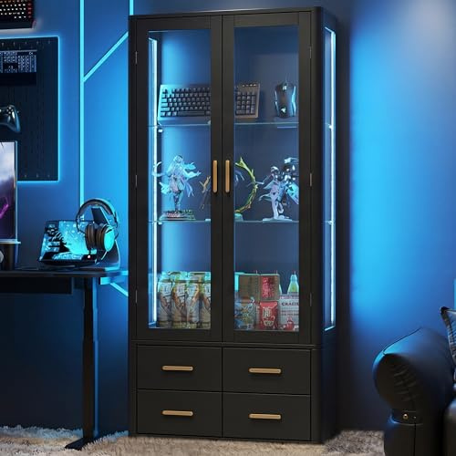 Feonase Glass Display Cabinets with Multi-Color LED Lights, Tall Curio Cabinet with 4 Drawer，Modern Display Case with Adjustable Shelvees for Toys, Books, Collectibles