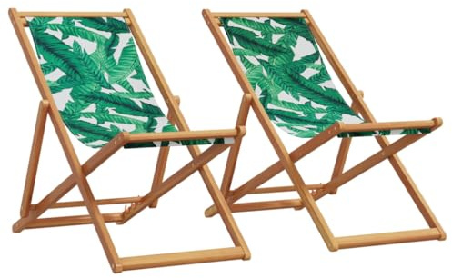 YunCangg Beach Chairs, Foldable with Leaf Pattern, Solid Eucalyptus Wood, Adjustable in 3 Positions, Outdoor Garden Chair, Balcony Chair, Patio Chair with Breathable Fabric, Pack of 2