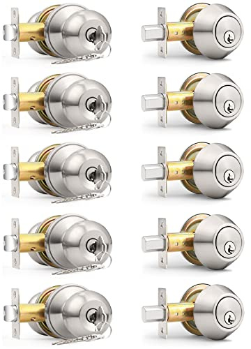 Probrico 5 Sets-Keyed Alike Entry Door Knob with Single Cylinder Deadbolts, Keyed Handleset for Front Door Exterior and Interior Hardware, Entry Lockset Lever Set Satin Nickel, Contractor Pack