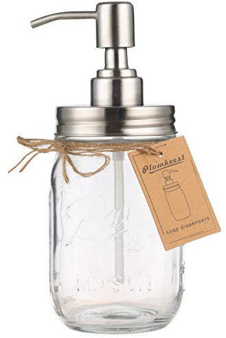 Dispenser di sapone in vetro trasparente Plomkeest 480ML Mason Jar Dispenser di sapone in vetro con pompa in acciaio inossidabile Dispenser di sapone liquido per bagno