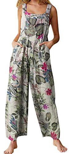 YILEEGOO Cotton Linen Dungarees for Women, Ladies Casual Overalls Baggy Wide Leg Pants Jumpsuit Playsuit (Beige#1, Large)