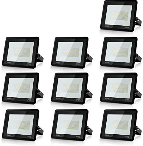 Randaco Foco Proyector LED 100W, 10 Pcs Focos LED Exterior Luz Cálido, Iluminación Interior y Exterior Super Brillante 8500LM 3000K, IP66 Impermeable Exterior Luz Para Patio, Jardín, Garajes