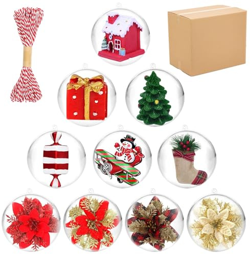 Surflyee 20 Pezzi Palle di Natale Plastica Trasparenti, 6CM Riempibile Palla Decorativa, Con Cordino Colorato 10M, Per Artigianato, Matrimonio, Capodanno, Regali, Decorazioni per l'albero di Natale