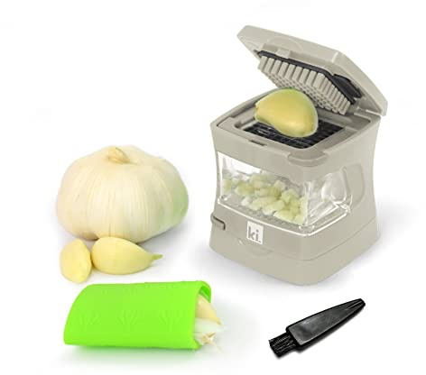 Kitchen Innovations Garlic-A-Peel Garlic Press, Crusher, Cutter, Mincer, and Storage Container - Includes Silicone Garlic Peeler - Easy to Clean - Stainless Steel Blades – (Cream), standard