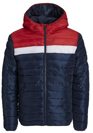 JACK & JONES Mens Hooded Padded Jacket 100% Polyester Full Zip Navy Red Outdoor Jacket, Navy Red Colour, Size- XL