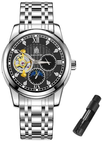 RAKSA DUKE Herren Vollautomatische mechanische Uhr Tourbillon Mondphasenanzeige 24-Stunden-Zifferblatt wasserdicht leuchtendes Stahlband Herrenuhr, Silber, Schwarz, Business-Stil