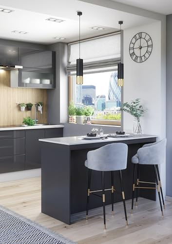 Furneo Kitchen Island 02 – Modern Kitchen Island with Breakfast Bar & Shelves, 130 cm, Graphite and Marble Effect Finish