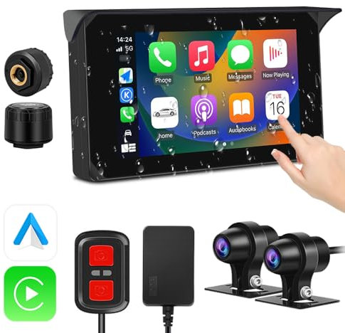 VSYSTO Cámara para salpicadero de Motocicleta, inalámbrico CarPlay y Android, portátil para Coche, estéreo de 5 Pulgadas, IPS, Resistente al Agua, Pantalla táctil HD1080P