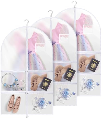 40 Inch Dance Garment Bags (3 Pack) – Clear PVC Costume Bags with 4 Zipper Pockets, and Hanging Design for Kids and Dancers, Perfect for Travel, Dance Competitions, and Closet Storage