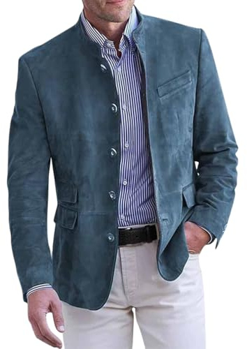 Onsoyours Blazer Décontracté à Col Montant pour Homme avec Poche à Revers et Manches Longues en Daim Vintage Décontracté Slim Bouton Costume d'affaires Blazer Veste A Bleu XXL
