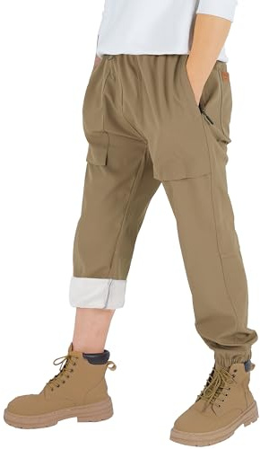 CAMLAKEE Waterproof Thermal Walking Trousers Kids Softshell Pants Boys Hiking Fleece Cargo Bottoms with Adjustable Drawstring Khaki Fleece UK:14-16 Years (manufacturers's Size: 180)
