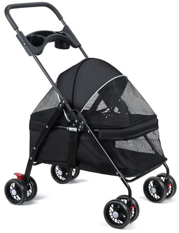 Hundebuggy bis 10kg, Hundewagen mit Cup Holder, atmungsaktiv und sichtbare Mesh, Hinterrad Doppelbremse, Katzenwagen für mittlere kleine Haustier, 48 x 68 x 95 cm