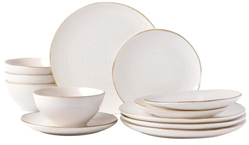 Richmount Tempus 12-Piece Dinner Set, Irregularly Shaped Swirl Stoneware Plates and Bowls Set, Dinner Sets for 4, Dinner Plates/Dessert Plate/Soup Bowl, Glazed Ceramic Dinnerware Sets, Light Cream
