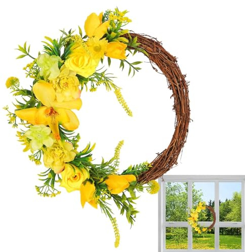 Corona floreale gialla, ghirlande primaverili per porta d'ingresso