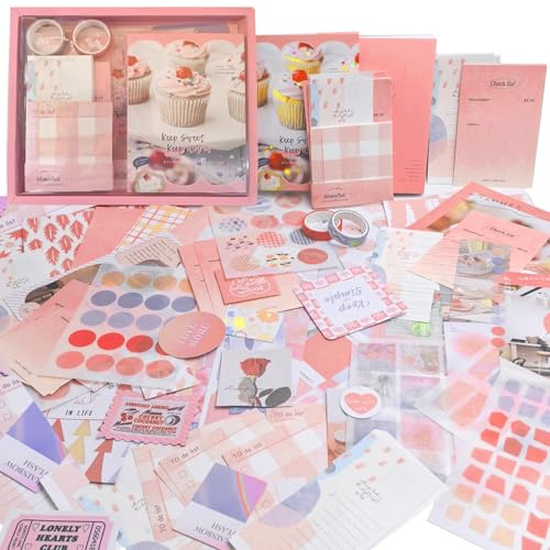 ROEOWENE 410 PCS Scrapbooking Kit Aesthetic Scrapbooking Accessori DIY Scrapbook Adesivi Vintage Stickers Journal Junk Journaling Kit Regalo per Donne Adolescenti Compleanno Natale-Rosa
