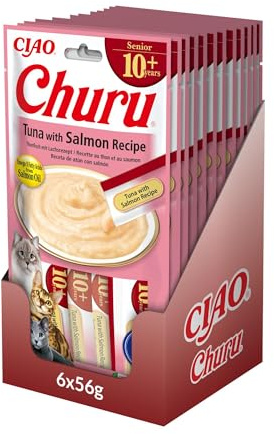 INABA Churu Senior Snack per Gatti Anziani con Tonno e Salmone - 12 Pack (48 Stick x 14gr) - Cibo per Gatti Sopra i 10 Anni, con Omega 3, Taurina e Vitamina C & E, Snack Gatto Funzionale