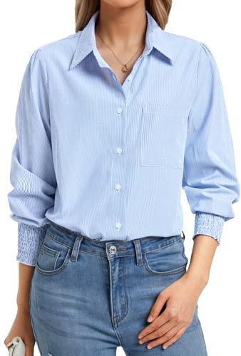 Enmain Camisa Mujer Manga Larga de Rayas Elegante Azul Claro Camisas con Botones Blusa con Cuello V Informal Básica Trabajo Empresa, 2XL