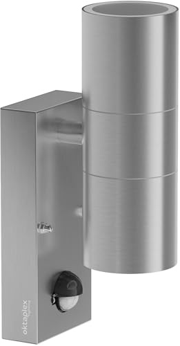Oktaplex Chile Außenlampe Wand mit Bewegungsmelder Edelstahl 2x GU10 Fassung Wandleuchte IP44 Up and Down Leuchte 230V Außenwandleuchte GU10 silber