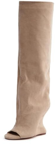 Yishaweiqi Beige Suede Knee High Boots for Women Peep Toe Wedge Boots Pull On Open Toe Summer Boots