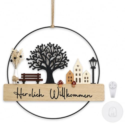Willkommensschild Haustür ø28cm Türkranz Herzlich Willkommen Trockenblumen