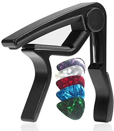 WINGO Gitarren-Kapodaster für Akustik- und E-Gitarren mit 5 Plektren gratis schwarz