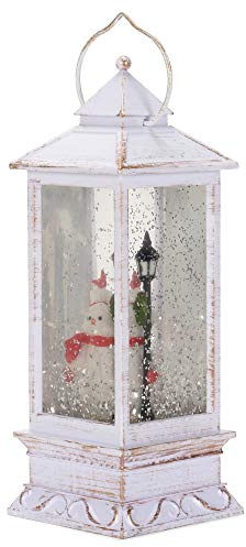 Mark Feldstein & Associates Snowman with Lampost Glitter White 11 x 4 Resin Stone Christmas Candle Lantern