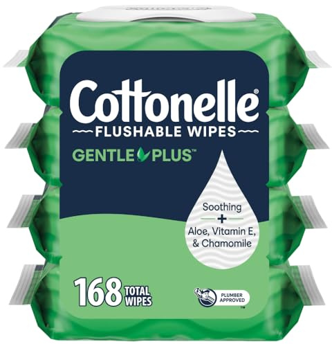 Cottonelle GentlePlus Flushable Wet Wipes with Aloe & Vitamin E, 4 Flip-Top Packs, 42 Wipes Per Pack (168 Total Wipes), Packaging May Vary
