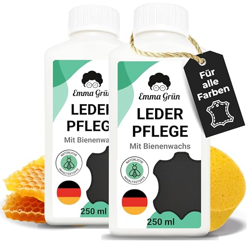 Emma Grün® Lederpflege für Ledercouch & Sofa 2x 250ml [MIT BIENENWACHS] - Glatt- & Kunstleder Pflege - Lederpflege Auto Autositze - Pflegemittel Sofa, Jacken & Autoleder (+SCHWAMM) - Made in Germany