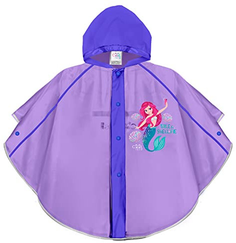 PERLETTI Poncho Pluie Enfant Lilas avec Sirène - Cape de Pluie Résistant Fille Ecole Maternelle Capuche et Boutons - Manteau Impérmeable Léger Coupe Vent avec Détails Réfléchissants (Violet, 3/6 Ans)