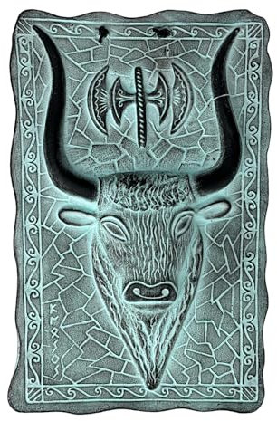 Bull Head Double Axe Minoan Symbol Knossos Ceramic Tile Wall Relief Décor Green Color
