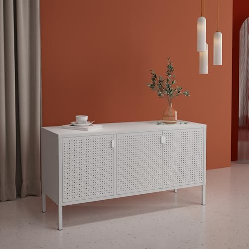 [en.casa] Meuble TV Banc Télévision avec Passe-Câbles Armoire Basse Buffet Métallique Commode Design Industriel avec 3 Portes et Surfaces de Rangement Acier 114 x 40 x 60 cm Blanc