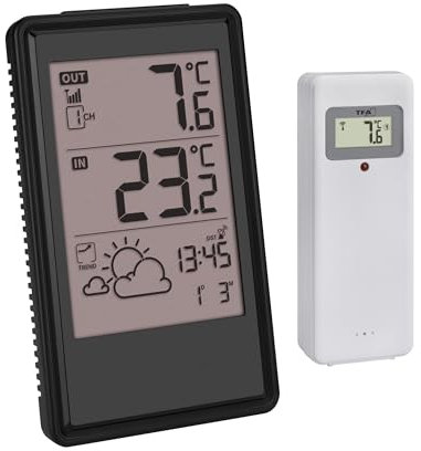 TFA Dostmann Stazione meteo radio con trasmettitore esterno, 35.1170.01, previsioni meteo e indicatore di tendenza, orologio radio con data, con termometro interno, 433 MHz, portata 100 m, piccolo