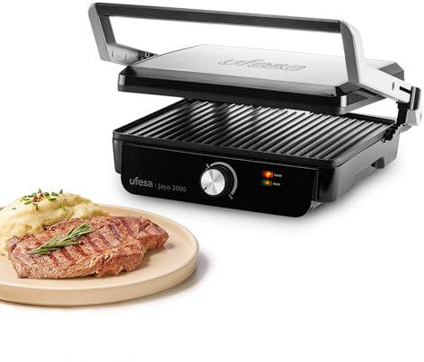 Ufesa Grill Eléctrico Jaya 2000W – Sandwichera, Plancha Cocina Eléctrica y Parrilla, Apertura 180º, Temperatura Regulable, Placa Superior Adaptable en Altura, Placas Antiadherentes, Fácil Limpieza
