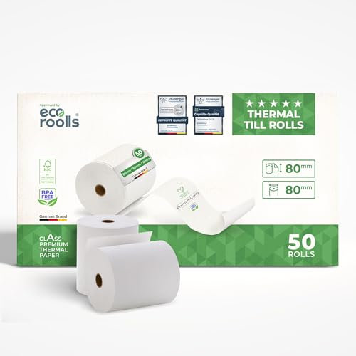 ECO ROOLLS® Thermorollen 80mm x 80mm x 12mm [Für alle üblichen Kassensysteme] - Kassenrollen 80x80x12 Thermo - Bonrollen Thermopapier - Geeignet für Drucksysteme mit Papierbedarf bis 80m (50 Stk)