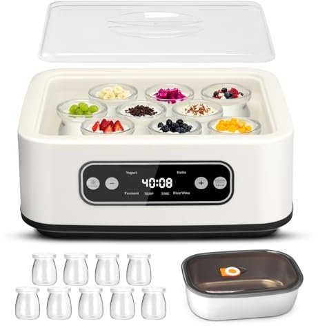 Automatic Yogurt Maker, 1.6L Electric Yogurt Machine with 9 Portable Jars 100ml & 304 Stainless Steel Inner Pot, Adjustable Temperature & Timer for Fresh Homemade Yogurt Natto Fermentation Rice Wine