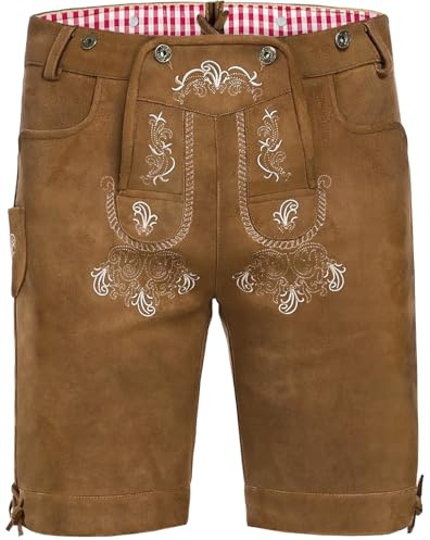 AMZHOTER Lederhosen Hombre Traje Oktoberfest Pantalones Cortos de Cuero Tradicionales Disfraz Trachten Pantalón Lederhose Oktoberfest Marrón Oscuro/Marrón