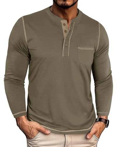 YawYews Tee Shirt Homme Manches Longues Tshirt Henley Col Tunisien Coton Polo Long Sleeve Regular Fit Kaki M
