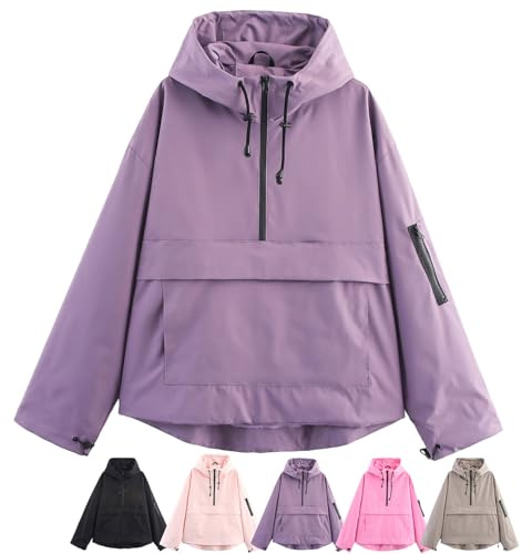 Giacca impermeabile 3 in 1 da donna, per pioggia, vento e freddo, tutto coperto, leggera, con cappuccio, Viola, L